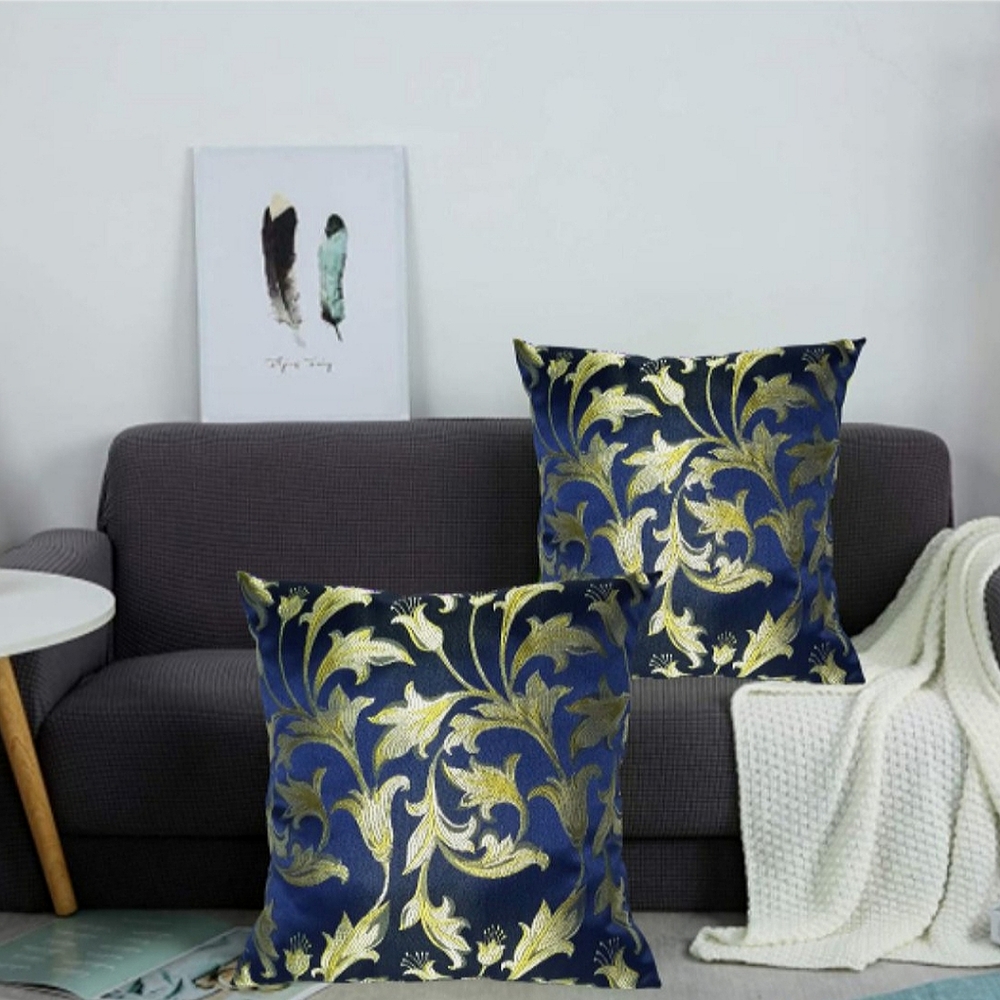 Set Of 2 Throw Pillow case Cover Jacquard Navy Blue and Gold Bloom/floral